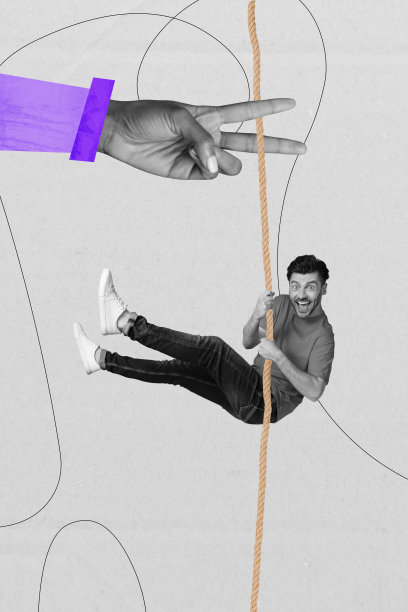 复合趋势艺术作品 3D 草图图像 照片拼贴 巨大的手势 两指剪刀 绳子 年轻男孩 悬挂 微笑 有趣 高兴图片下载