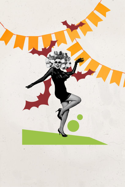 垂直照片拼贴，快乐的卡巴列罗卡特里娜新娘服装女孩在万圣节派对上跳舞，背景上有蝙蝠和花环。图片下载