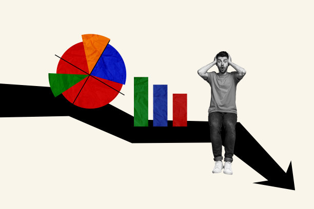 震惊的男性投资者坐在下降箭头图表前，面临衰退问题，图表显示破产，合成照片拼贴，背景为涂鸦风格。图片下载