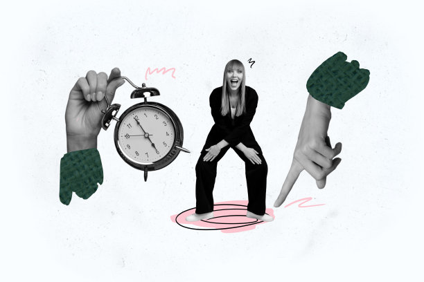 拼贴画：复古风格的搞笑舞蹈女办公室工作人员庆祝星期五，时钟时间，奇异的幻想广告牌图片下载