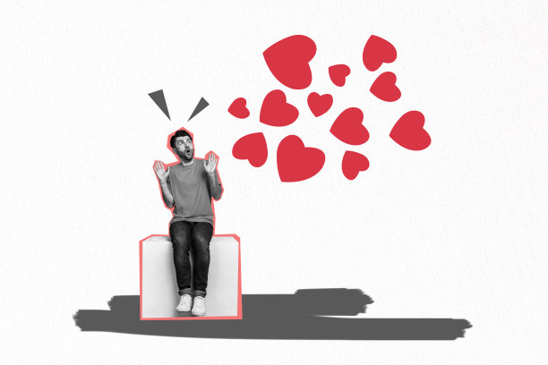 惊讶的男博主收到情人节明信片假期点赞通知的拼贴照片，背景为涂鸦风格。图片下载