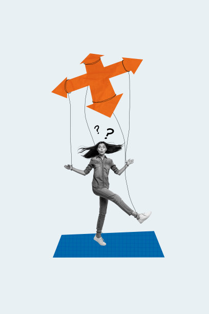 震惊女孩的垂直照片拼贴，手腕上戴着手铐，缠绕着丝带，像木偶一样被困，面临问题和困境，背景为涂鸦风格。图片下载