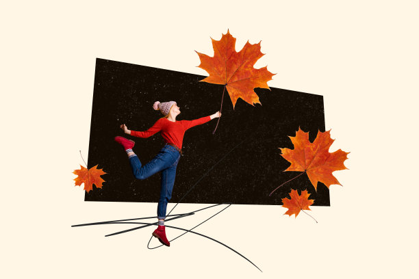 快乐女孩手持大枫叶，收集秋季装饰标本的拼贴照片，背景为涂鸦风格。图片下载