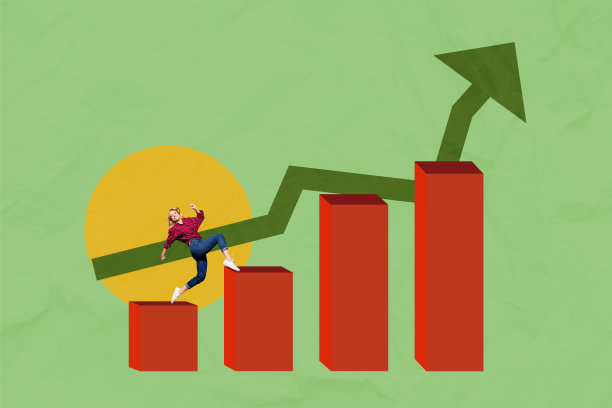 快乐的商务女孩在涂鸦背景上展示促销图表箭头，象征职业成长与成功的拼贴照片。图片下载