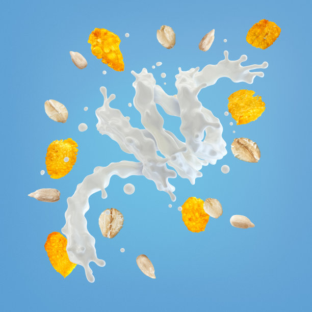 牛奶或酸奶飞溅，玉米片或谷物片在蓝色背景上孤立展示图片下载