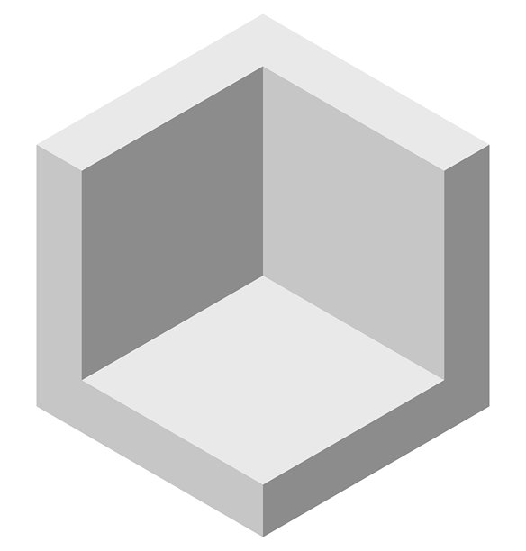 极简主义等距插图，展示一个打开的盒子或房间角落。抽象的建筑形状。概念用于存储、容纳或空间设计。干净、简单、适应性强。图片下载