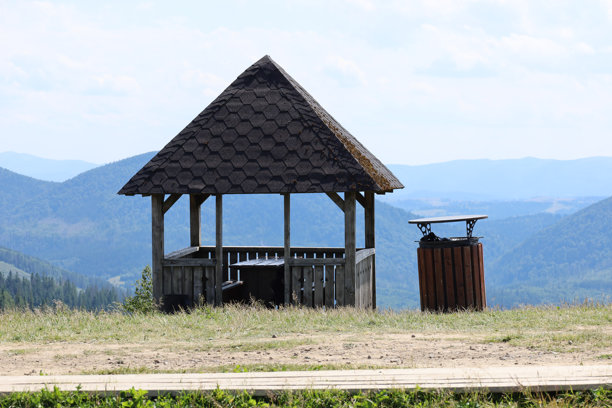 这张照片展示了一个木制凉亭，配有深色瓦屋顶，位于俯瞰山脉的山顶上。附近有一个垃圾桶，表明这是一个设施齐全的休闲区。图片下载