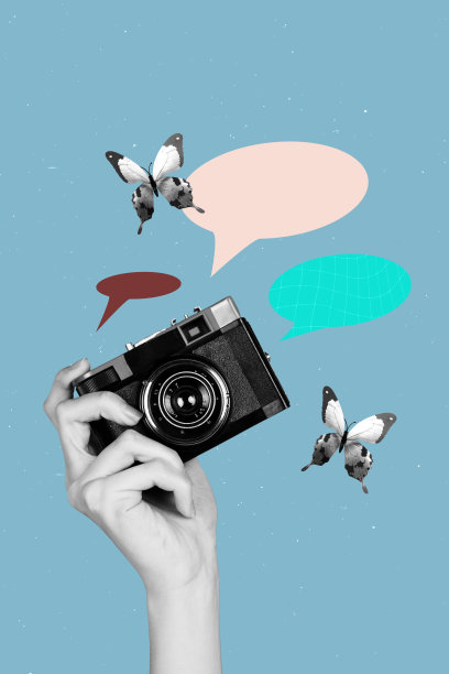 Zine流行图像横幅 3D照片拼贴，手持复古相机拍摄蝴蝶，气泡交流图标，摄影区图片下载