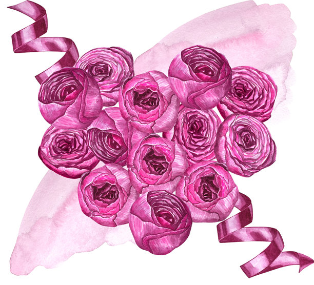 粉色牡丹心形花卉水彩插画绘画植物艺术透明贺卡文具婚礼新娘家居装饰。图片下载