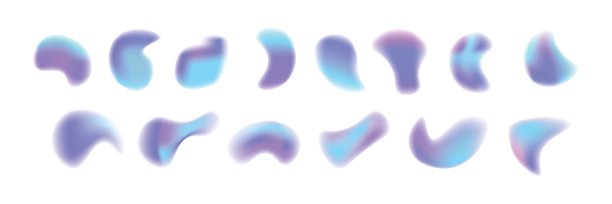 一组模糊的柔和色彩渐变圆圈，用于创意图形。渐变光晕，带有噪声效果的霓虹色块矢量插图。白色背景上的抽象色彩水彩模糊网状形状。图片下载