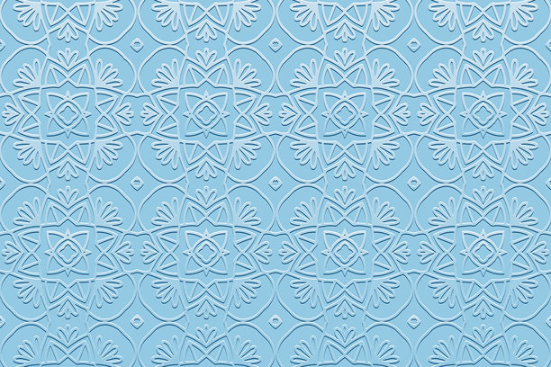 民族蓝色背景，部落设计封面，横幅，壁纸。几何装饰图案。浮雕3D装饰，阿拉伯花纹，东方的曼陀罗，亚洲，印度，墨西哥，阿兹特克。图片下载