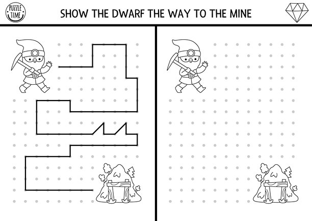 矮人绘画、写作、描摹，适合儿童的空间定位活动，描绘了一个去山上工作的侏儒矿工。根据示例在框内画线。黑白可打印游戏，涂色页。图片下载