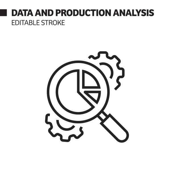 数据和生产分析线图标，轮廓矢量符号插图。完美像素，可编辑的描边。图片下载