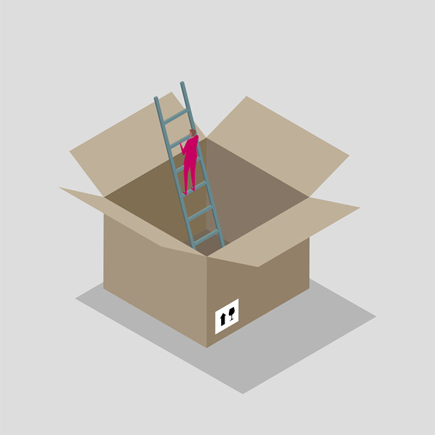 商人用梯子从纸板箱里爬出来。图片下载