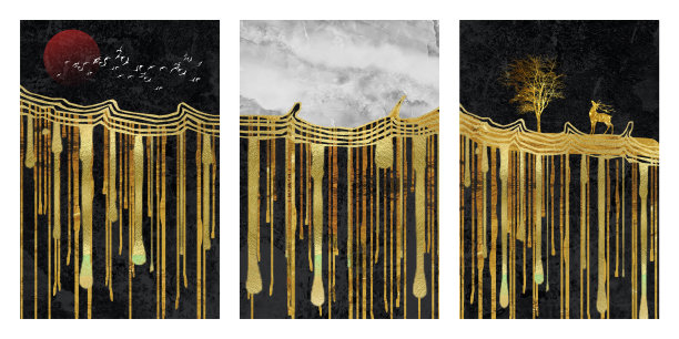 墙框用的3D壁纸。树脂晶洞与抽象艺术，功能性艺术，水彩晶洞画，金色、黑色和灰色大理石背景。鹿和鸟。图片下载