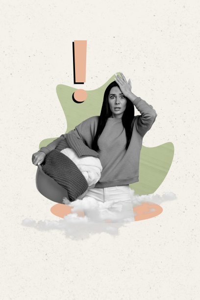 惊讶的女佣竖直照片拼贴，手持脏衣服盆，清洁日，惊叹号，背景为涂漆色彩。图片下载