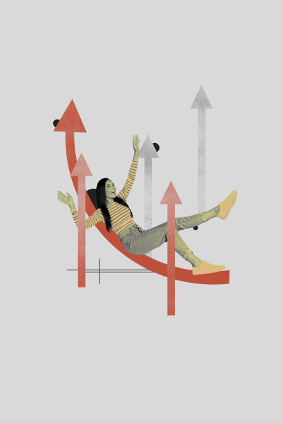 快乐女商人躺在箭头发展统计成功增长推广的垂直照片拼贴，背景为涂鸦风格。图片下载