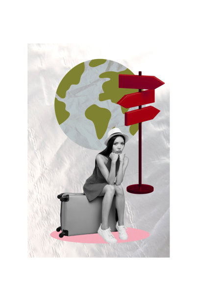 垂直照片拼贴，展示一位不快乐的女孩坐在行李箱上，路标指向难民安置地图，洲际地球孤立在涂鸦背景上。图片下载