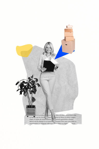 快乐的老年女性手持夹板，分析箱，邮寄花盆，垂直照片拼贴，背景为涂鸦风格。图片下载