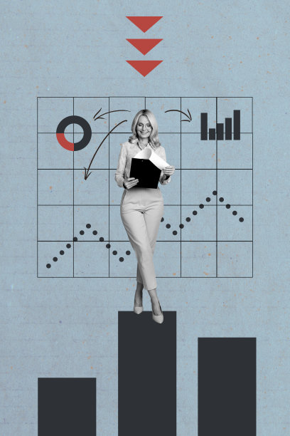 快乐的老年女性站在发展成功图表箭头统计图的垂直照片拼贴上，背景为涂鸦风格。图片下载