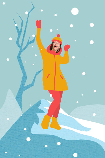 垂直照片拼贴，快乐女孩穿着温暖的帽子、夹克、手套和靴子，在冬季公园中，雪花飘落，树木环绕，背景为涂鸦风格。图片下载