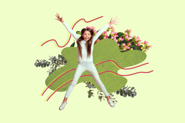 兴奋的女孩青少年在春天花朵盛开的树枝上跳跃的合成照片拼贴，庆祝节日，背景为涂鸦风格。图片下载
