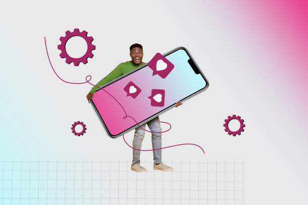 快乐的美国男子手持手机，心形通知气泡，齿轮，流行博主的合成照片拼贴，背景为涂鸦风格。图片下载