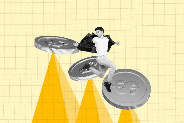 快乐商人跑步的复合照片拼贴，展示美元硬币发展图表的职业进步与成功，背景为涂鸦风格。图片下载