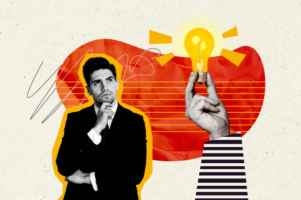 思考战略的商人复合照片拼贴，手持LED灯泡创意计划，背景为涂鸦风格。图片下载