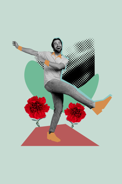 快乐男人在春天的花朵盛开中跳舞的垂直照片拼贴，周末娱乐迪斯科派对，背景为涂鸦风格。图片下载