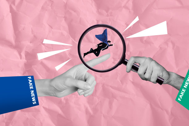 严肃男子的合成照片拼贴，超级英雄穿着斗篷和面具，飞翔的手，变焦镜头，假新闻宣传谎言，孤立在涂鸦背景上。图片下载