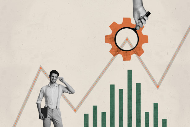 快乐商人的复合照片拼贴，图表进展发展图，镜头变焦，齿轮轮廓，背景涂鸦。图片下载
