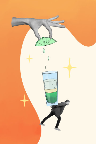 垂直照片拼贴，展示一位不快乐的男子手持巨型手动榨汁机，榨取青柠汁，酒后宿醉派对，背景为涂鸦风格。图片下载