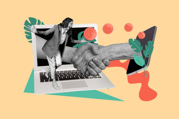 老年女商人与远程成功交易的合成照片拼贴，手握麦克风，使用MacBook和手机，背景为涂鸦风格。图片下载