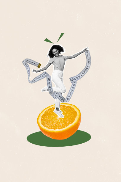 快乐的美国女孩在橙子片旁跳舞，健康营养与减肥测量带的竖向照片拼贴，背景为涂鸦风格。图片下载
