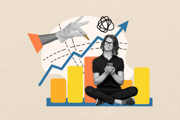 思维敏捷的极客男士手持iPhone设备，收入美元硬币和向上箭头图表的发展复合照片拼贴，背景为涂鸦风格。图片下载