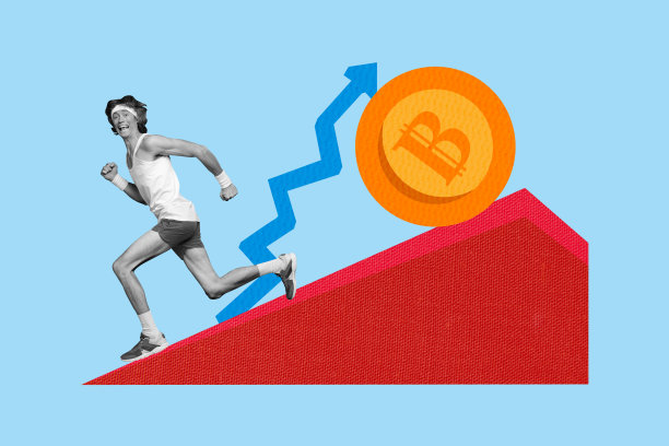 害怕的运动员在涂鸦背景上奔跑，合成照片拼贴，展示比特币、便士、下跌箭头、市场区块链危机。图片下载