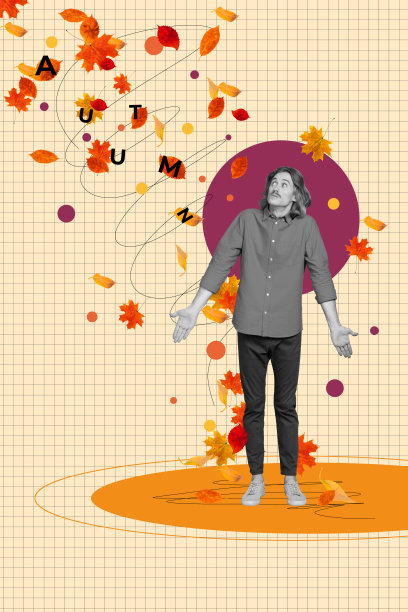 秋季字母的复合趋势艺术作品，照片拼贴，年轻男学生站着困惑，不知道看向秋天的落叶。图片下载