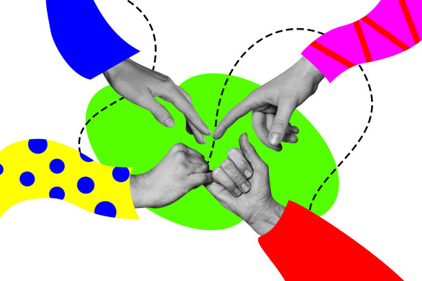 全3D照片拼贴，展示人类手部的食指和小指交叉手势，象征团结的非语言沟通。图片下载