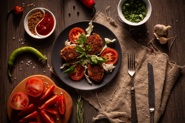 一张阴暗而富有情绪的照片展示了一盘炸法拉费球，整齐地摆放在黑色盘子上。图片下载