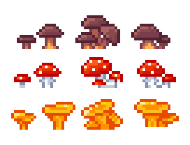 一套用于2D平台游戏、角色扮演游戏和独立游戏的像素艺术蘑菇素材。蘑菇的道具和图标，包括苍蝇伞、毒蝇伞、鸡腿菇、牛肝菌、白桦牛肝菌和白杨牛肝菌。图片下载