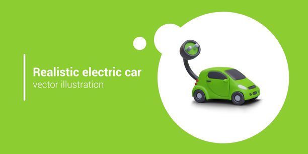 现实的电动汽车。绿色矢量车辆在卡通风格。电动汽车的车站标志图片下载