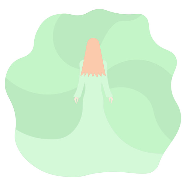 穿着长款绿色晚礼服、裙摆丰盈飘逸的红发女孩。背影。插图。图片下载