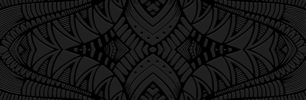 横幅、封面设计、壁纸、壁画。黑色背景上的几何民族异域图案，浮雕效果。禅绕画、涂鸦、手工制作。装饰品、阿拉伯花纹、东方的曼陀罗，亚洲、印度、墨西哥、阿兹特克。图片下载