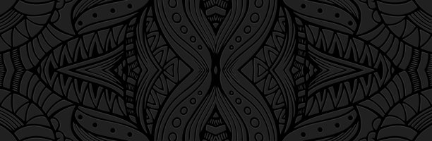 横幅、封面设计、壁纸、壁画。黑色背景上的几何民族复古图案，浮雕效果。禅绕画、涂鸦、手工制作。装饰品、阿拉伯花纹、东方的曼陀罗，亚洲、印度、墨西哥、阿兹特克文化。图片下载