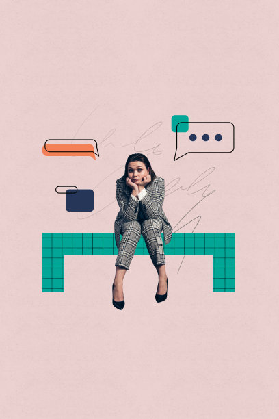 思维敏捷的女经理坐着，图像杂志趋势照片拼贴，交流图标接收信息，独白演讲对话图片下载