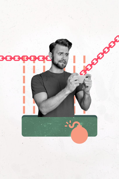 趋势模板草图设计照片拼贴，链条安全锁，年轻男子困惑的面部表情，手持智能手机图片下载