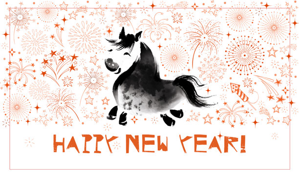 2026年中国新年，马年中国生肖符号。传统东方水墨画，水墨，国画。简单的极简风格贺卡，带有搞笑的马和烟花。图片下载