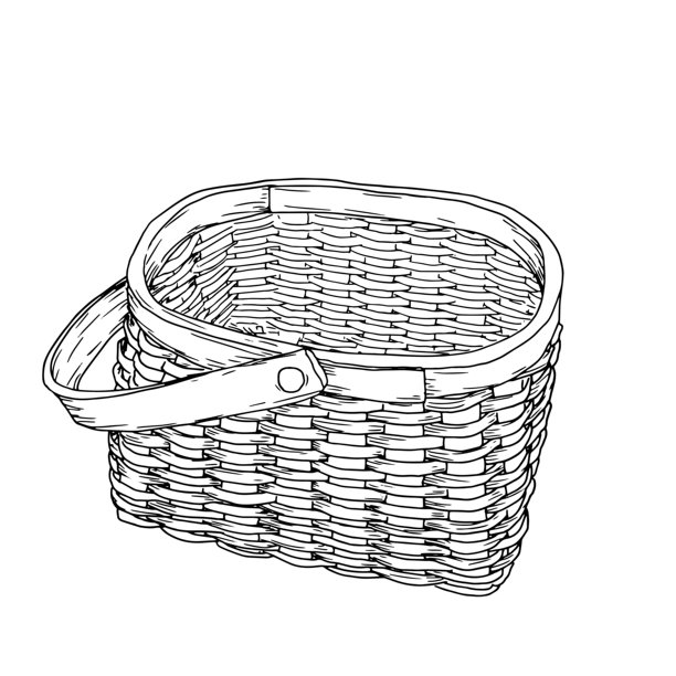 用藤条编织的手提篮，黑白素描。矢量插图。经典的采蘑菇和秋季收获的篮子，背景为白色。适用于书籍、明信片。图片下载