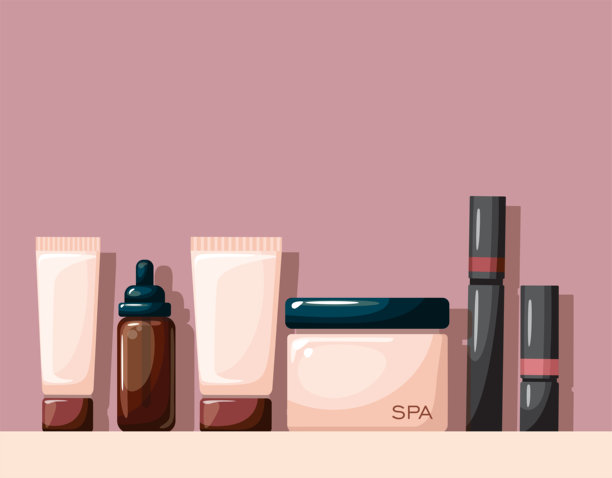 护肤产品套装。卡通保湿乳液和面霜、凝胶和洗发水装在塑料瓶、容器和管子中，孤立在白色背景上。美容，沙龙图片下载